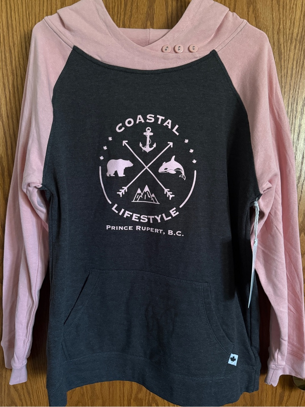 Canadian Collective Coastal Lifestyle Hoodie Pink Gray Raglan Sleeve Jr's Sz XL